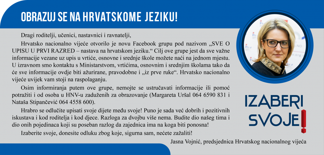 Predsjednica Vojnić pozvala roditelje da svoju djecu upišu u nastavu na hrvatskome jeziku